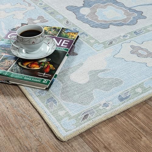 Fame Living Cream Blue Oushak Rug, Modern, Vintage, Turkish, Eclectic, Floral, Pastel, Washable, Area Rugs for Living Room, Dining, Bedroom, Office, Entryway, Foyer, Playroom, Nursery, 5'x6'9" thumbnail 7