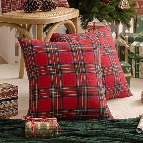 AQOTHES Pack of 2 Christmas Plaid Decorative Throw Pillow Covers Scottish Tartan Cushion Case for Farmhouse Home Holiday Decor Red and Green, 18 x 18 Inches thumbnail 2