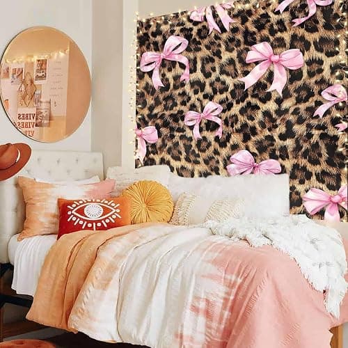 Imirell Pink Bow Leopard Print Tapestry 59Wx51H Inches Girly Modern Panthera Cat Pretty Bownot Sweet Retro Fashion for Lady Woman Art Hanging Bedroom Living Room Dorm Wall Blankets Home Decor Fabric thumbnail 4