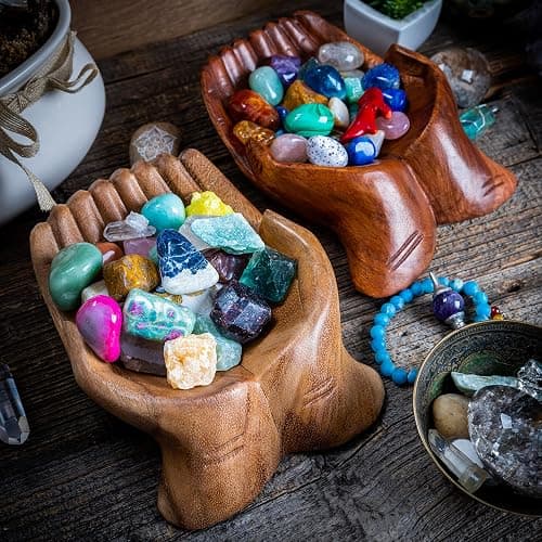 Curawood Carved Hands Offering Bowl - Crystal Holder for Stones, Rock Collection Holder, Crystal Display Storage Tray, Wooden Hands Bowl for Keys - Rock Display Case for Shelf, Stand, Altar Decor (M) thumbnail 8