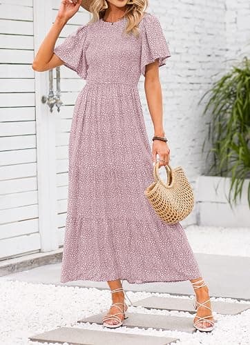 ZESICA Women's 2025 Summer Casual Floral Print Short Flutter Sleeve Crew Neck Smocked High Waist Flowy Maxi Dress - Darkpink - Small thumbnail 2