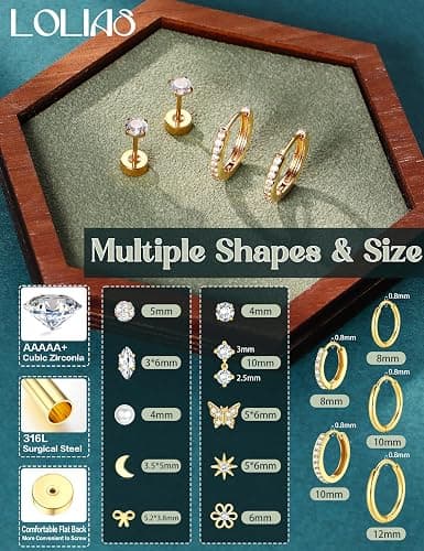 LOLIAS 14K Gold Plated Flat Back Earrings - Hypoallergenic Surgical Stainless Steel Stud Hoop Earrings for Women Girls Cute Stud Earring Set Small Huggie Hoops Cartilage Earring Stacks thumbnail 3