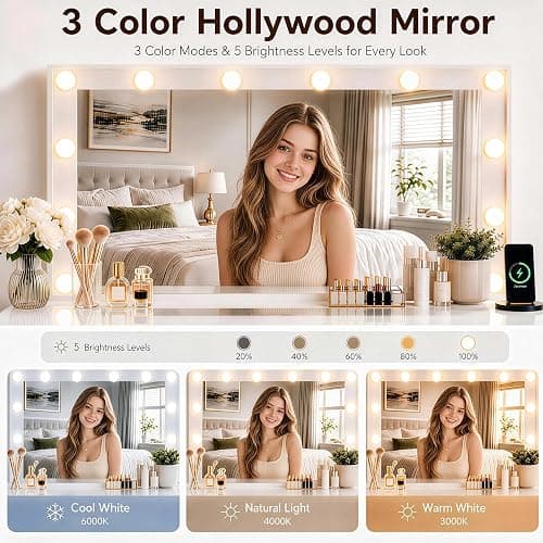 IFSEB Makeup Vanity Desk with Lights, White Vanity Glass Top, 36.9'' Mirror | 9 Drawers, 3 Color Bulbs, RGB Lighting, Charging Station, 10X Magnifying Mirror, Crystal Knobs, Hair Dryer Rack, Fir Wood thumbnail 3