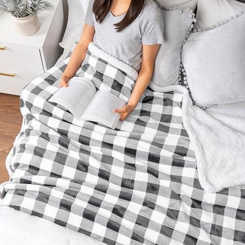 PAVILIA Checkered Sherpa Throw Blanket Couch Sofa Bed, Light Grey, 50x60 | GSM 460; Plush Flannel Fleece with Buffalo Plaid; Warm&Cozy for Home; Perfect Fall & Winter Decor Holiday Christmas Gift thumbnail 4