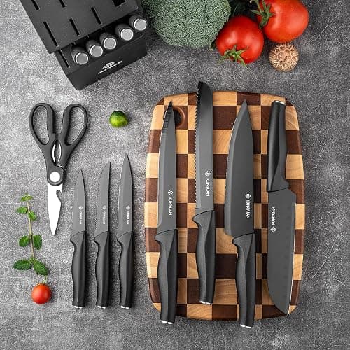 Knife Set, KUNYUAN 15 pieces Knife Sets for Kitchen,High Carbon German Stainless Steel Knife Block Set with Built in Sharpener Block,Dishwasher Safe Kitchen Knife Set, Black thumbnail 2