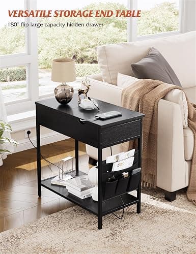 Nicehill Side Table with Charging Station, Narrow End Table with USB Ports, Outlets, Fabric Bags, Storage Shelf, Narrow Bedside Table for Small Rooms, Bedroom, Living Room, Classic Black thumbnail 4