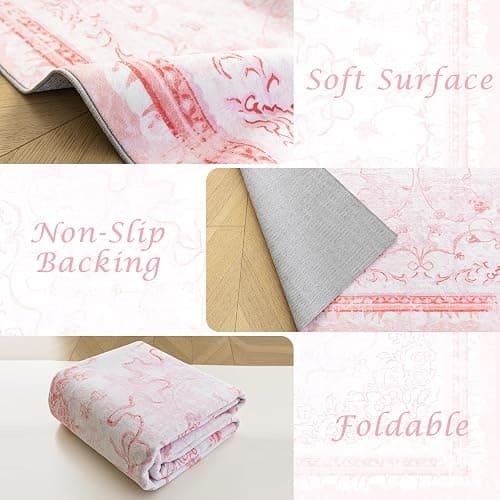 Pink Rug for Nursery Girl Bedroom 5x8 - Cute Bow Coquette Room Decor for Teen Girls Aesthetic,Washable Light Pink and White Cottage Core Floral Scalloped Rug for Dorm Room College Students Playroom thumbnail 4