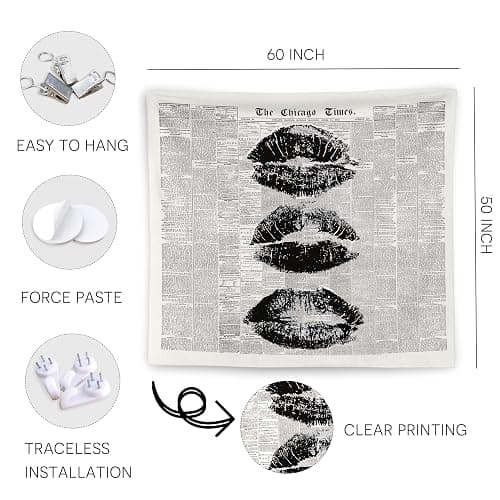 WNAGT Vintage the Chicago Times Newspaper Tapestry Wall Hanging, Retro Chic Black and White Minimalist Kiss Lips Wall Blanket Decor for Girls Bedroom Dorm Apartment Home, 50x60 Inch thumbnail 6