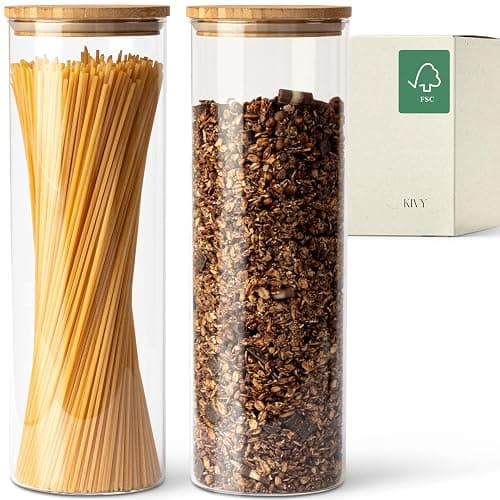 KIVY Set Bocaux en Verre Hermétique [2 x 1800 ml] - Bocaux verre avec Couvercles en Bambou Durable - Bocal en verre avec Couvercle - Bocal a spaghetti - Bocaux conservation verre - Bocal verre - Image 1