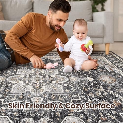 Vintage Living Room Area Rug 8x10 - Large Soft Washable Oriental Traditional Distressed Farmhouse Rugs for Bedroom - Indoor Floor Accent Carpet for Home Office House Decor - Black thumbnail 3