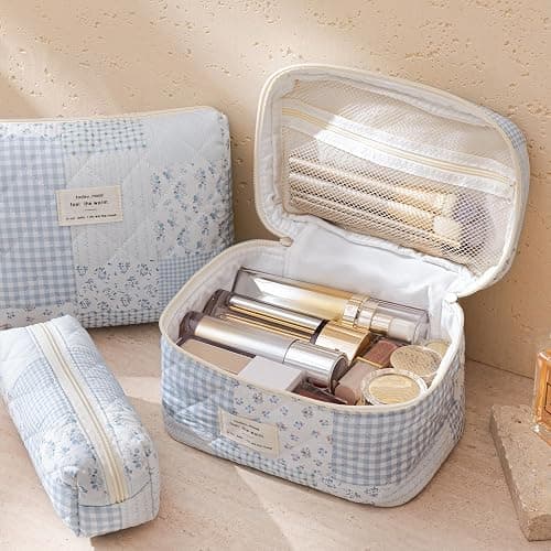 HBselect Quilted Makeup Bag, 3Pcs Cotton Large Travel Makeup Bags Organizer | Cute Floral Make up Bag Cosmetic Bag Toiletry Bag for Women Girls, Makeup Pouch for Skincare, Brushes & Travel Essentials thumbnail 2