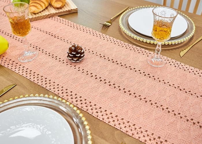 FEXIA Pink Table Runner 72 Inches Long with Tassels Boho Farmhouse Macrame Summer Pink Room Dining Bedroom Baby Bridal Shower Decor(12x72 Inches) thumbnail 6