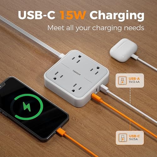 TESSAN Surge Protector Flat Extension Cord 5Ft, Flat Plug Power Strip with 4 Outlets 3 USB Ports (1 USB C), 900 Joules Protection, Multiple Wall Outlet Extender Suitable for Home Office Dorm, Grey thumbnail 3