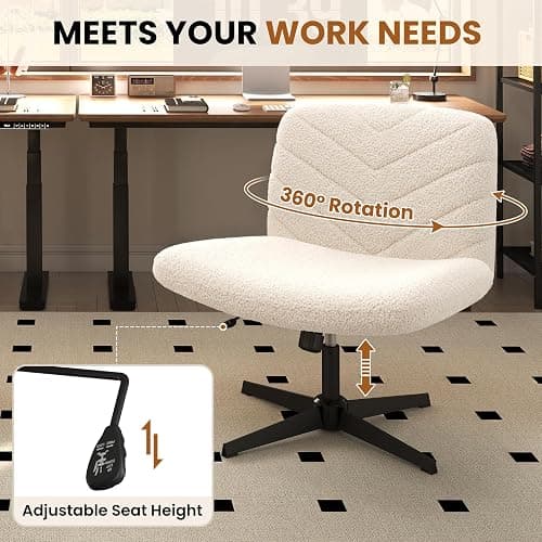 Yaheetech Wide Seat Cross Legged Office Chair, Adjustable Armless Office Chairs with No Wheels, Vanity Chair Criss Cross Chair Swivel Computer Chairs, Ivory thumbnail 8