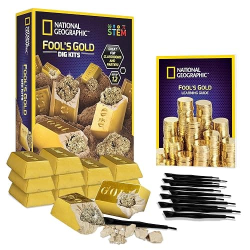 National Geographic Fool’s Gold Dig Kit – 12 Gold Bar Dig Bricks with 2-3 Pyrite Specimens Inside, Party Activity with 12 Excavation Tool Sets, Great Stem Toy for Boys & Girls or Party Favors - Image 1