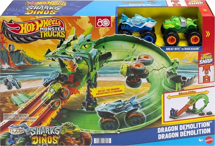 Hot Wheels Toy Monster Trucks, Sharks vs. Dinos Dragon Destruction Playset with 1:64 Scale Great Bite & Rageasaur, Race to Defeat The Cyborg Nemesis thumbnail 6