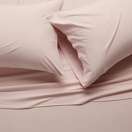 Amazon Basics 4 Piece Breathable 100% Cotton Jersey Knit Bed Sheet Set, Includes Flat and Fitted Sheets, Pillowcase, Queen, Blush thumbnail 3
