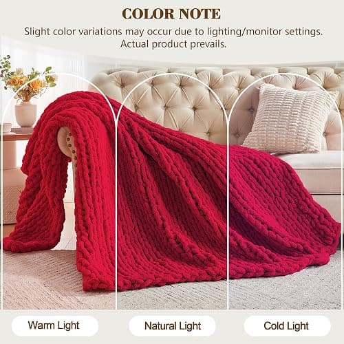 Carriediosa Chunky Knit Throw Blanket 50" X 60", 100% Hand Made Large Chenille Loop Yarn Soft Fluffy Throws for Couch Sofa Bed, Big Crochet Cozy Heavy Thick Cable Woven Blankets, Red thumbnail 4