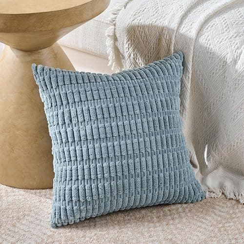Fancy Homi Set of 4 Blue Decorative Throw Pillow Covers 18x18 Inch for Couch Bed Chair, Modern Farmhouse Boho Room Decor, Soft Fuzzy Corduroy Textured Striped Coastal Blue Cushion Case 45cm thumbnail 2