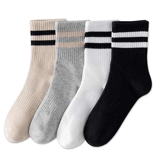 YUWELL Womens Striped Crew Socks, Cotton Cozy Casual Socks for Women 4 Pairs, Size 5-10 - Image 1