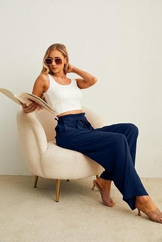 IWOLLENCE Women's Wide Leg Pants with Pockets High Waist Adjustable Knot Loose Casual Trousers Business Work Casual Pants thumbnail 6