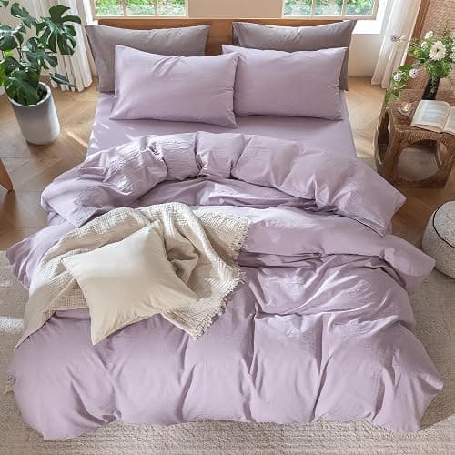 MooMee Bedding Duvet Cover Set 100% Washed Cotton Linen Like Textured Breathable Durable Soft Comfy (Heathered Light Purple, Twin 68"x90") thumbnail 5