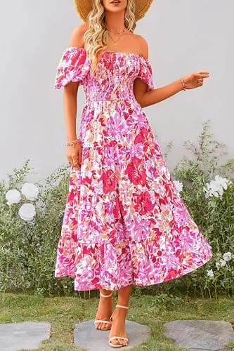 PRETTYGARDEN Women's Smocked Midi Wedding Guest Dress | Puff Short Sleeve, Square Neck A Line, Tiered Ruffle Hem, Long Dresses, Beach Vacation, Cocktail Party, Summer Outfits thumbnail 5
