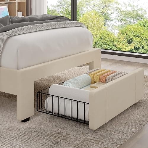 VECELO Twin Size Upholstered Bed Frame with Drawer and Headboard, Velvet Platform Storage Bedframe, Wooden Slats Support, No Box Spring Needed,Bone Beige thumbnail 4