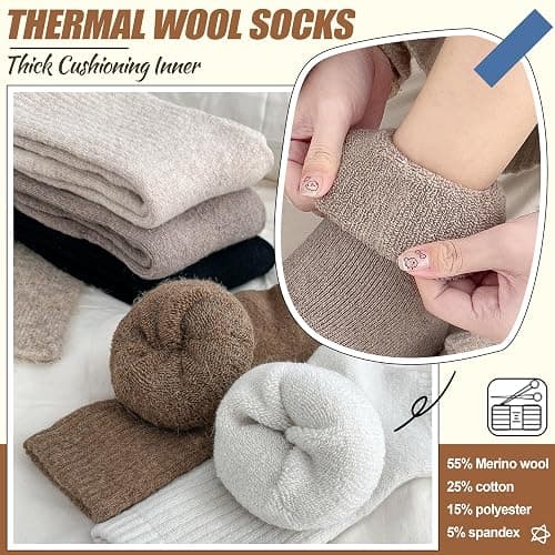 EBMORE 5 Pairs Women Merino Wool Boot Socks Warm Thermal Winter Thick Hiking Cozy Cabin Crew Comfy Socks for Ladies thumbnail 5
