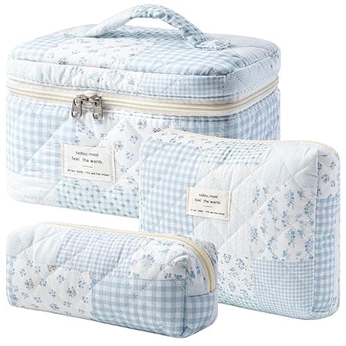 HBselect Quilted Makeup Bag, 3Pcs Cotton Large Travel Makeup Bags Organizer | Cute Floral Make up Bag Cosmetic Bag Toiletry Bag for Women Girls, Makeup Pouch for Skincare, Brushes & Travel Essentials - Image 1