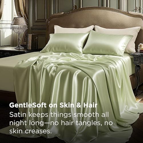 Bedsure Green Satin Sheets Full Size, Soft Silky Bedsheets for Hair & Skin | Similar to Silk Bed Sheets Set 4 Piece with 15 Inches Deep Pocket Fitted Sheet,1 Flat Sheet, 2 Satin Pillowcases thumbnail 5