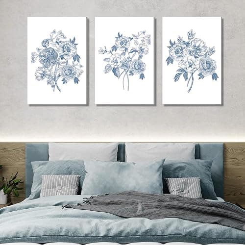 Blue Flower Canvas Wall Art Abstract Chinoiserie Floral Painting Picture Decor Minimalist Botanical Sketch Poster Print Artwork for Gallery Living Room Wall Home Decoration thumbnail 6