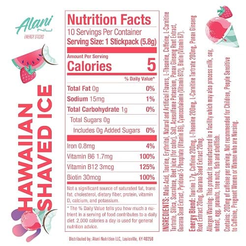 Alani Nu HAWAIIAN SHAVED ICE, Energy Sticks Drink Powder, 200mg Caffeine, Pre Workout Performance with Antioxidants, On-The-Go Drink Mix, Biotin, B Vitamins, Zero Sugar, 5 Calories, 10 Pack thumbnail 6