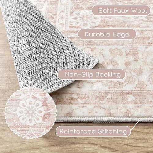 BILEEHOME Nursery Rug for Baby Girl Neutral Blush Pink Boho Floral Washable Soft Faux Wool Area Rugs for Living Room Bedroom,5x8 thumbnail 3