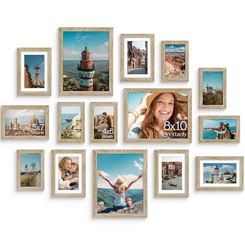 Vittanly 15 Pack Picture Frames Collage Wall Decor, Multi Sizes Including 3pcs 8x10, 6pcs 5x7 and 6pcs 4x6 Photo Frames, Gallery Frame Set for Wall or Tabletop Display, Light Wood - Image 1