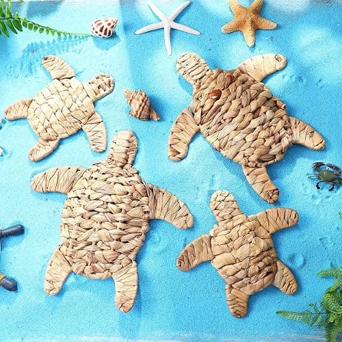 Threehoney 4 Pcs Turtle Beach Theme Decor Handmade Wicker Turtle Wall Decor Sea Life Hanging Wall Art Coastal Nautical Sculpture Table Decoration for Boho Bathroom Indoor Outdoor Ornament thumbnail 3