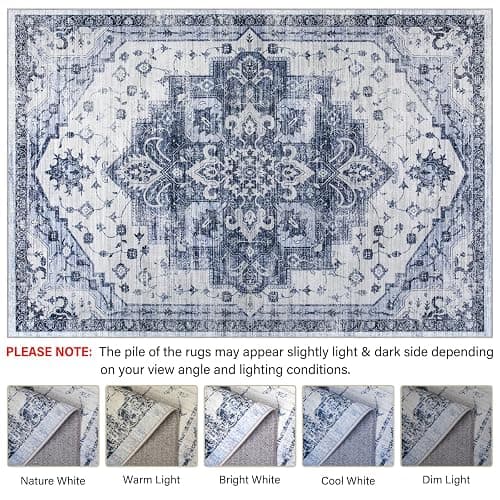 Washable Rug Living Room Rugs: 6x9 Area Rug Large Soft Boho Vintage Medallion Carpets Indoor Floor Anti Slip Non-Shedding Thin Carpet for Bedroom Dining Room Farmhouse Nursery Home Office-Blue/White thumbnail 7