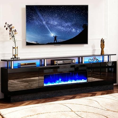 oneinmil 2 Tier TV Console Stand with 36" Electric Fireplace, LED Light Entertainment Center for TVs Up to 80" for The Living Room, 70", Black thumbnail 8