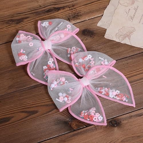Cherry Fable Bow Hair Clips 4" Pink Mesh Tulle Fruit Shaker Hair Bow Alligator Barrettes for Teen Girls Women Summer Wedding Birthday Party Favor Dress Decor Accessory Set of 2 thumbnail 2