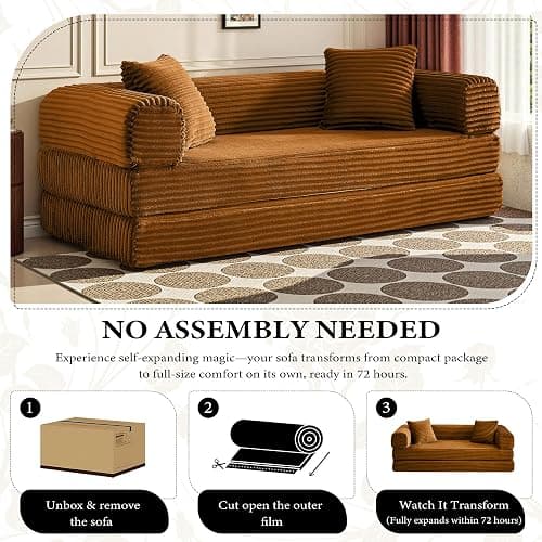 KOPSEE Boneless Couch Versatile Couches for Living Room No-Install Sofa Bed Corduroy Futon Soft Cloud Couch with Pillows for Bedroom Game Movie (Orange) thumbnail 5