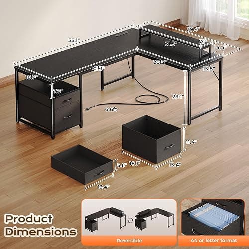 PRAISUN 55 Inch L Shaped Desk with Power Outlets and USB-C Port, Computer Corner Home Office Desk with File Fabric Drawers and Movable Monitor Stand, Larger Storage for Gaming, Work, Black thumbnail 2