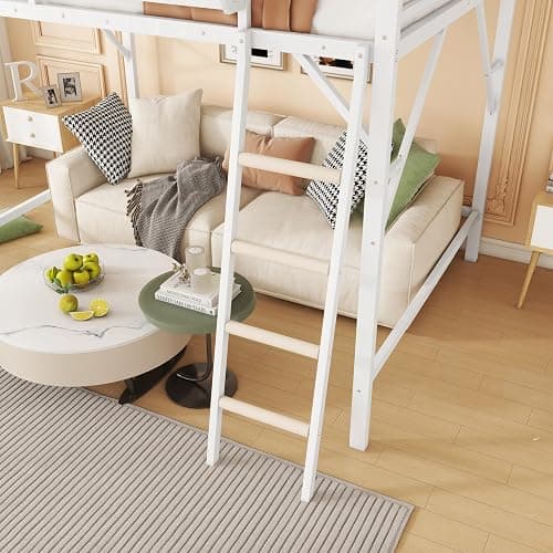 KEIKI Full Size Metal Loft Bed Frame with Ladder and Built-in Storage Shelves, for Teens, Modern Style Loft Bed with Solid Slats, Guardrail, No Box Spring Required, Easy Assembly, for Bedroom, White thumbnail 6