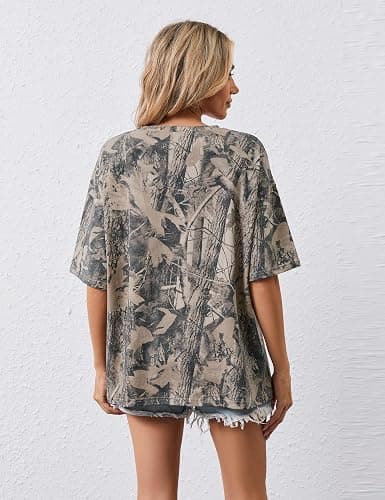 calbatic Camo Print Oversized T Shirts for Women Short Sleeve Graphic Print Crew Neck Baggy Shirts Cute Tunic Tee Tops thumbnail 7