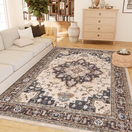CAPALOCA Machine Washable Rugs Nursery Rug 5x7 Cute Girl Non Slip Low Pile Water Repellent Soft Print Pattern for Bedroom Indoor Decor Kids Playroom Coffeebeige - Image 1