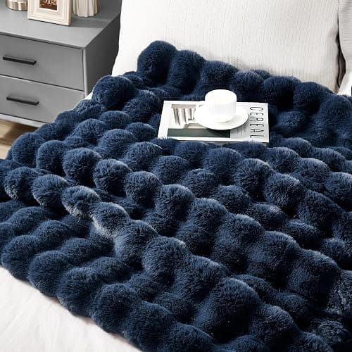 JONIYEAR Soft Fuzzy Bubble Faux Rabbit Fur Throw Blanket for Couch 50" x 60", Reversible Textured Fluffy Warm Thick Blanket for Winter,Luxury Cozy Puffy Shaggy Comfy Furry Blankets for Sofa, Navy Blue thumbnail 3