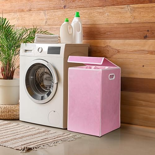 Simple Houseware Foldable Laundry Hamper Basket with Lid, Pink | with Handles for Bedroom, Laundry Room, Bathroom thumbnail 6