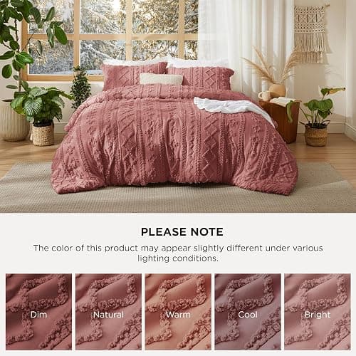 Bedsure Tufted Boho Comforter Set Queen Size - Grayish Pink Boho Bed Set, GentleSoft™ 3 Pieces Farmhouse Shabby Chic Embroidery Bedding, Gifts for Woman, Soft Jacquard Queen Comforter for All Seasons thumbnail 8