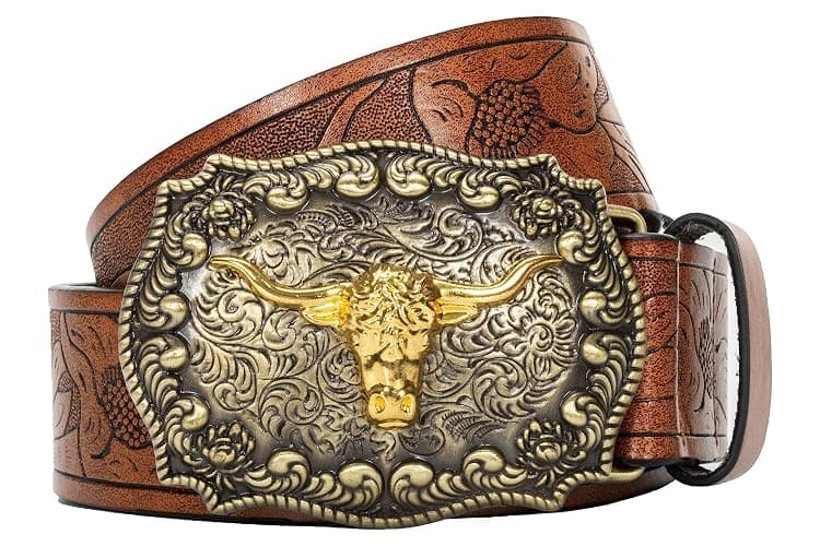 Eohak Mens-Western-Cowboy-Belt - Longhorn-Bull-Pattern-Buckle-Belt Floral-Engraved-Buckle-Belt Fit 25" to 38" Waist - Image 1