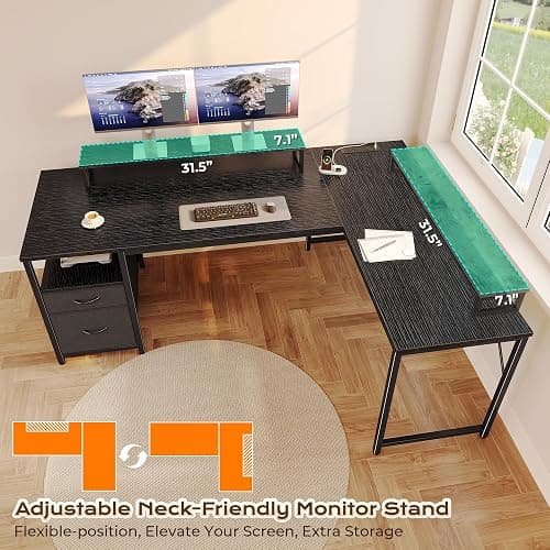 PRAISUN 55 Inch L Shaped Desk with Power Outlets and USB-C Port, Computer Corner Home Office Desk with File Fabric Drawers and Movable Monitor Stand, Larger Storage for Gaming, Work, Black thumbnail 6