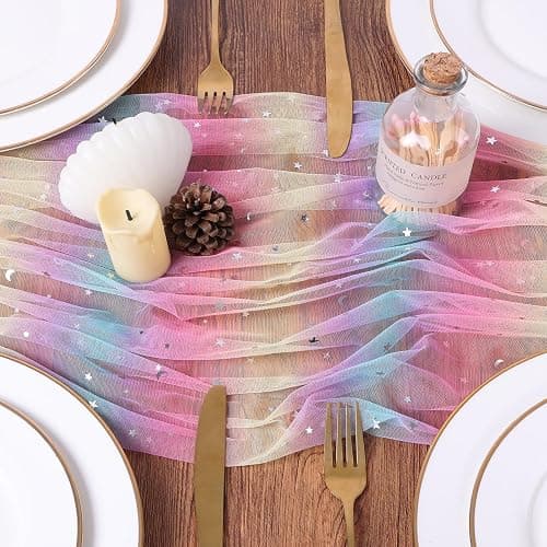 TuTive Iridescent Moon and Stars Gauze Table Runner 120 Inch 10FT Rainbow Tulle Silver Sequin Glitter Table Runner Colorful Dining Wedding Rainbow Birthday Decorations Unicorn Decor Holiday Home Party thumbnail 2